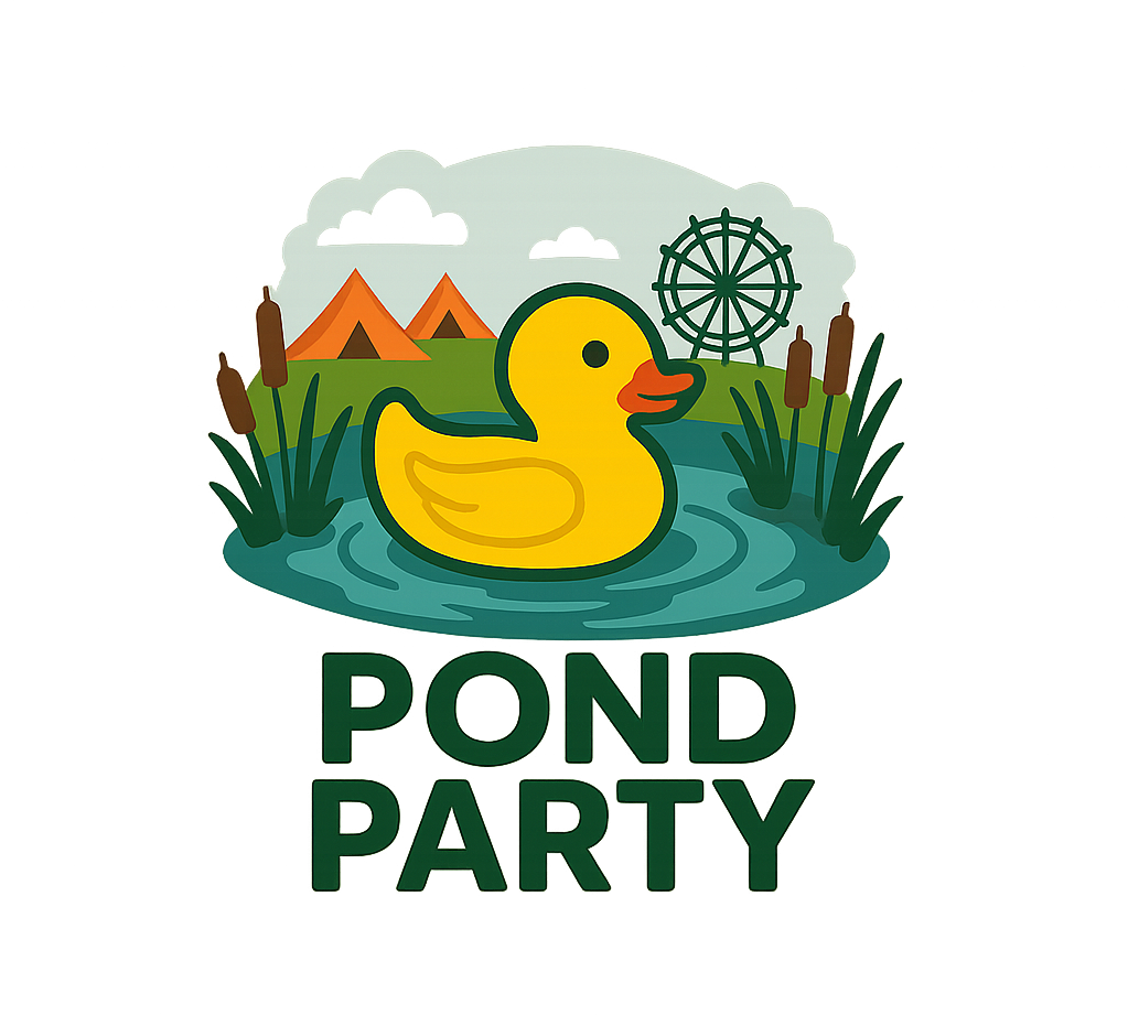 Pond Party logo: rubber duck in a pond with reeds and ferris wheel